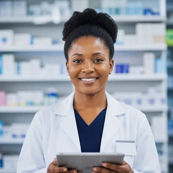 A pharmacist holding a tablet in a pharmacy