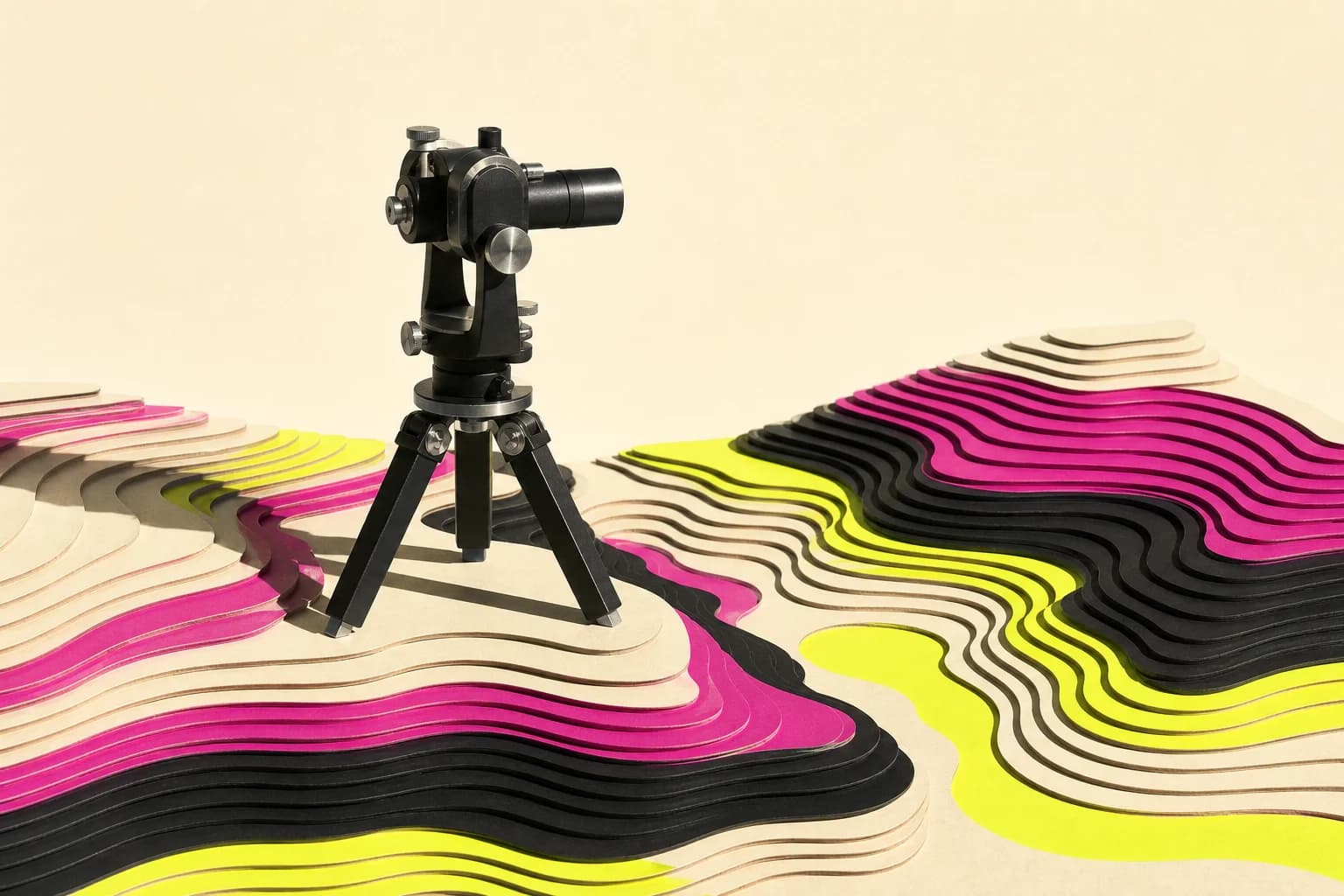 A black surveyor's theodolite on a tripod overlooking a layered paper landscape in cream, black, magenta and yellow.