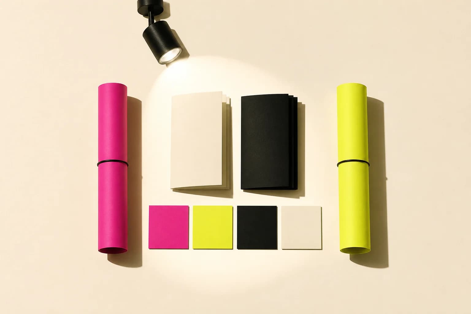 A flat-lay campaign kit of rolled posters, folded leaflets and blank cards under a small black spotlight.