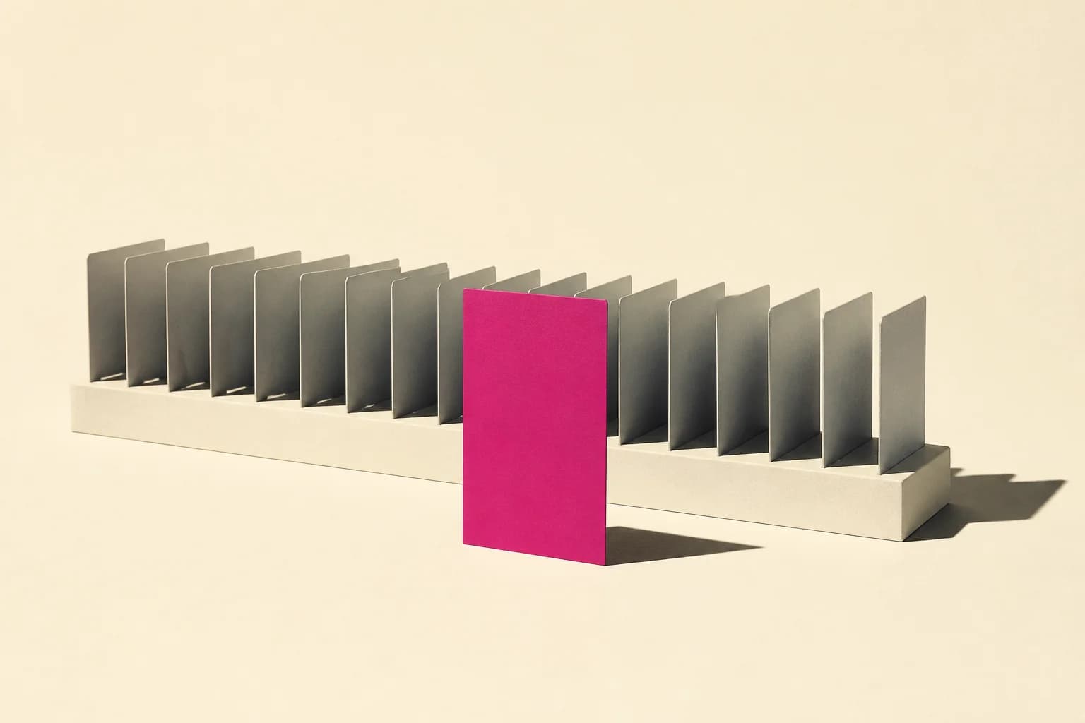 A row of identical grey blank cards with one magenta card standing forward from the line.