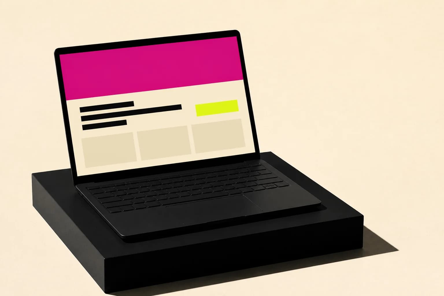 An open laptop on a black plinth, its screen showing an abstract web layout of magenta, yellow and black blocks.