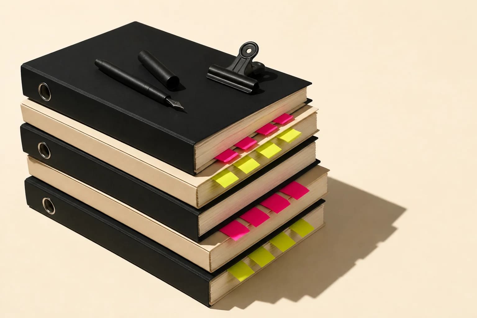 A stack of black binders and cream folders with blank magenta and yellow index tabs, topped with a black fountain pen.