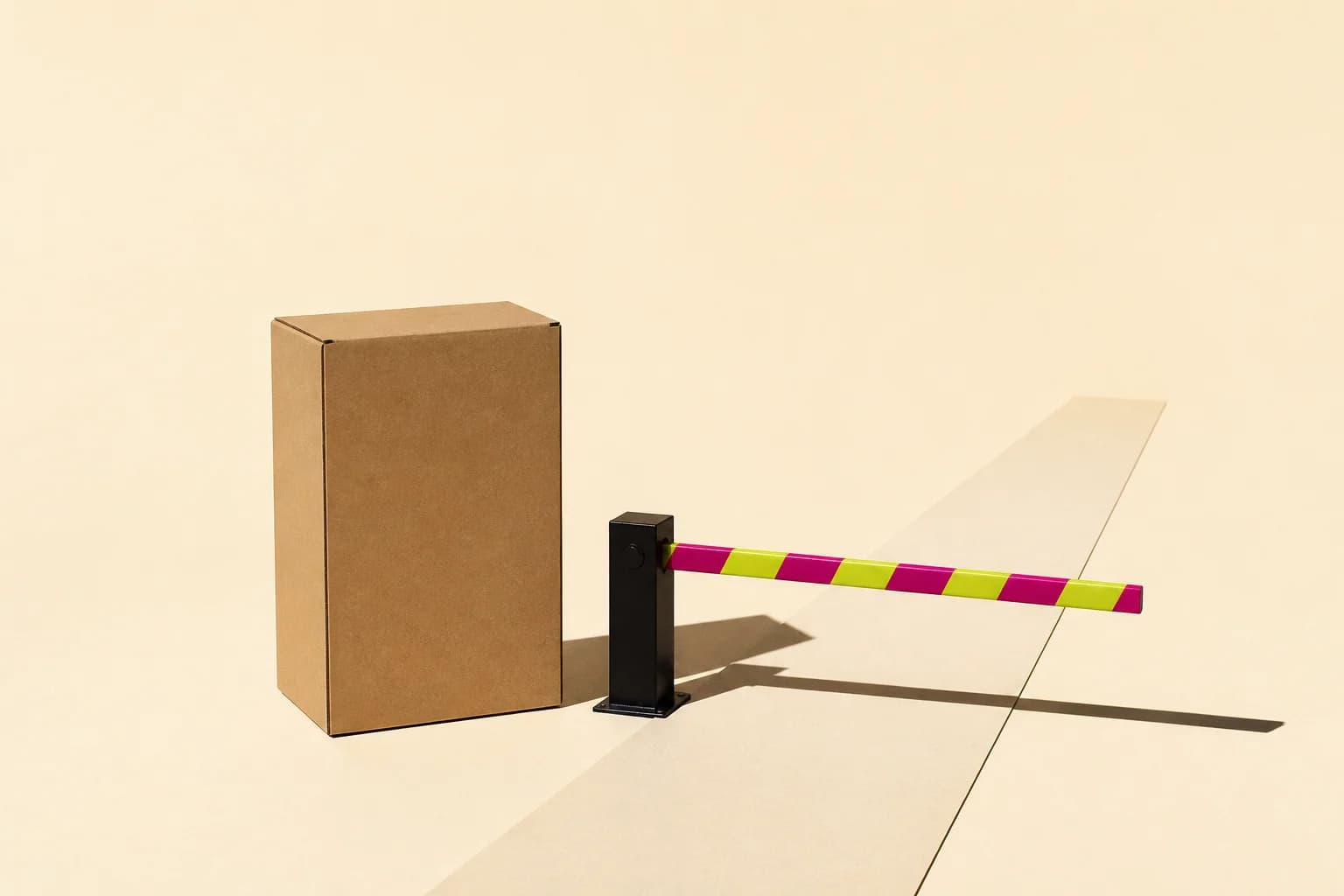 A cardboard carton stopped in front of a lowered magenta and yellow striped road barrier on a paper road.